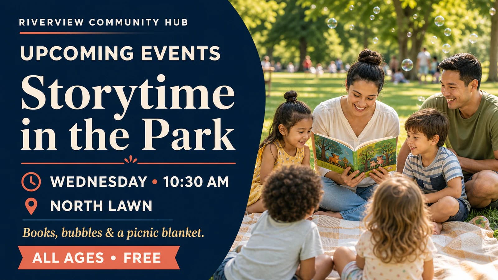 Riverview Community Hub board for Storytime in the Park