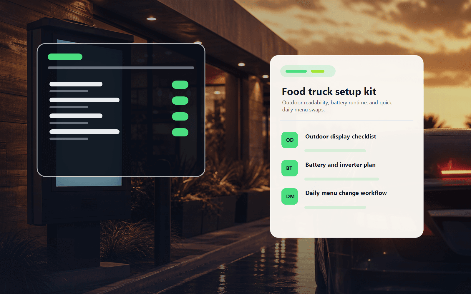 Food truck service window with an outdoor TV menu board