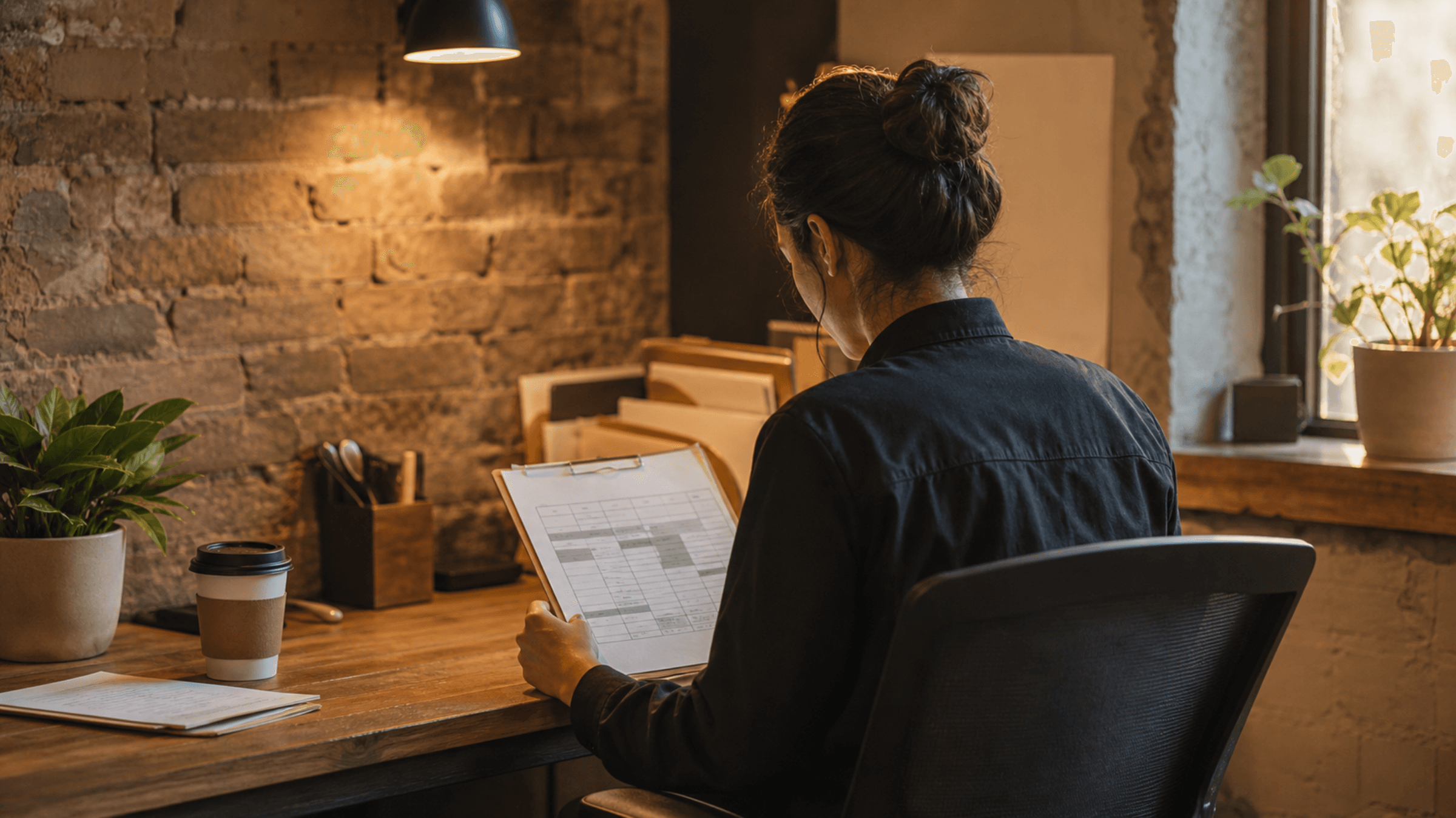 Back-office restaurant manager nook with a desk, clipboard, coffee, and warm window light