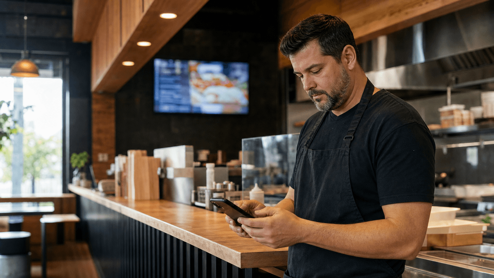 Restaurant owner updating a menu from a phone before opening